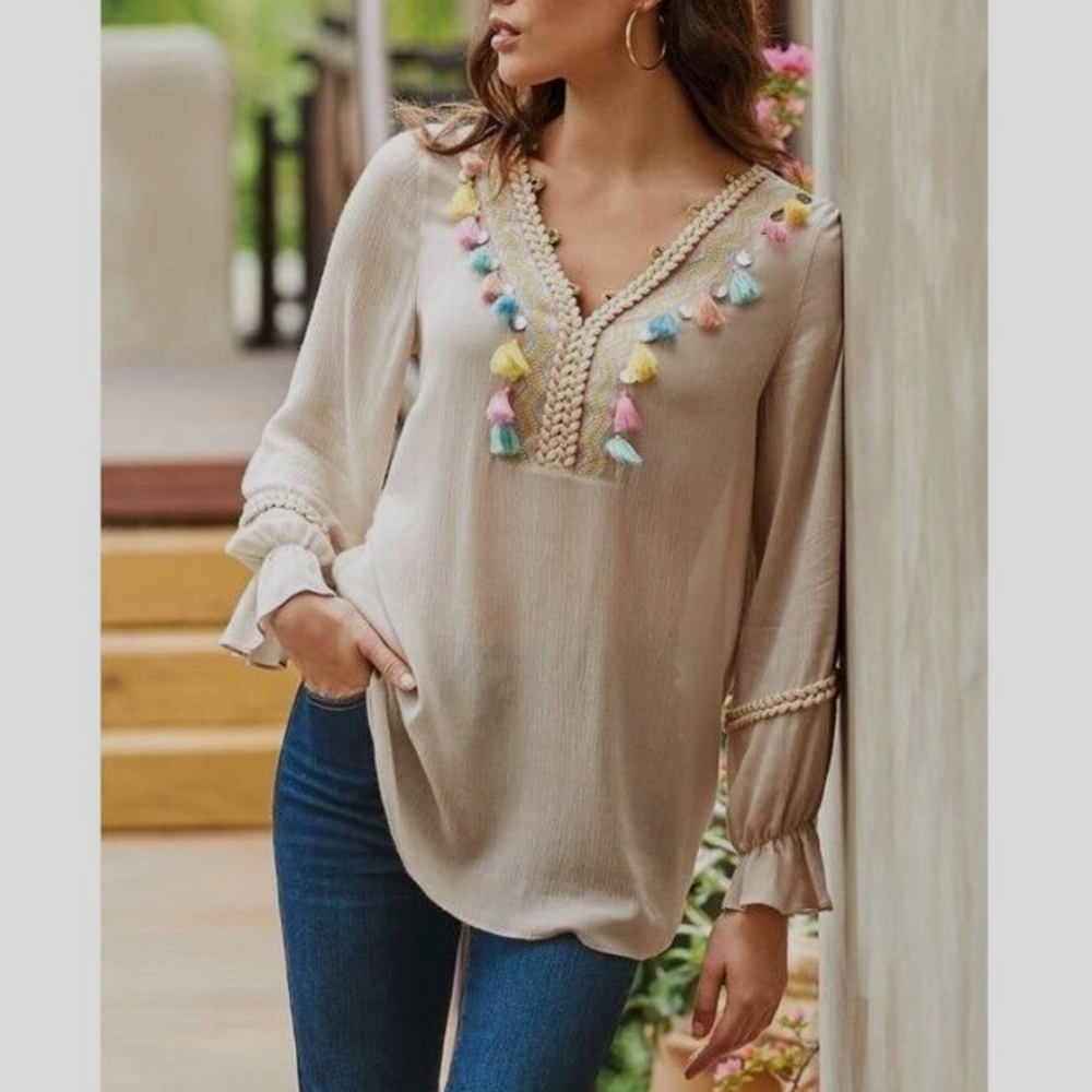 Soft Surroundings Boho Blouse with Tassels Bathing Suit Coverup Shirt